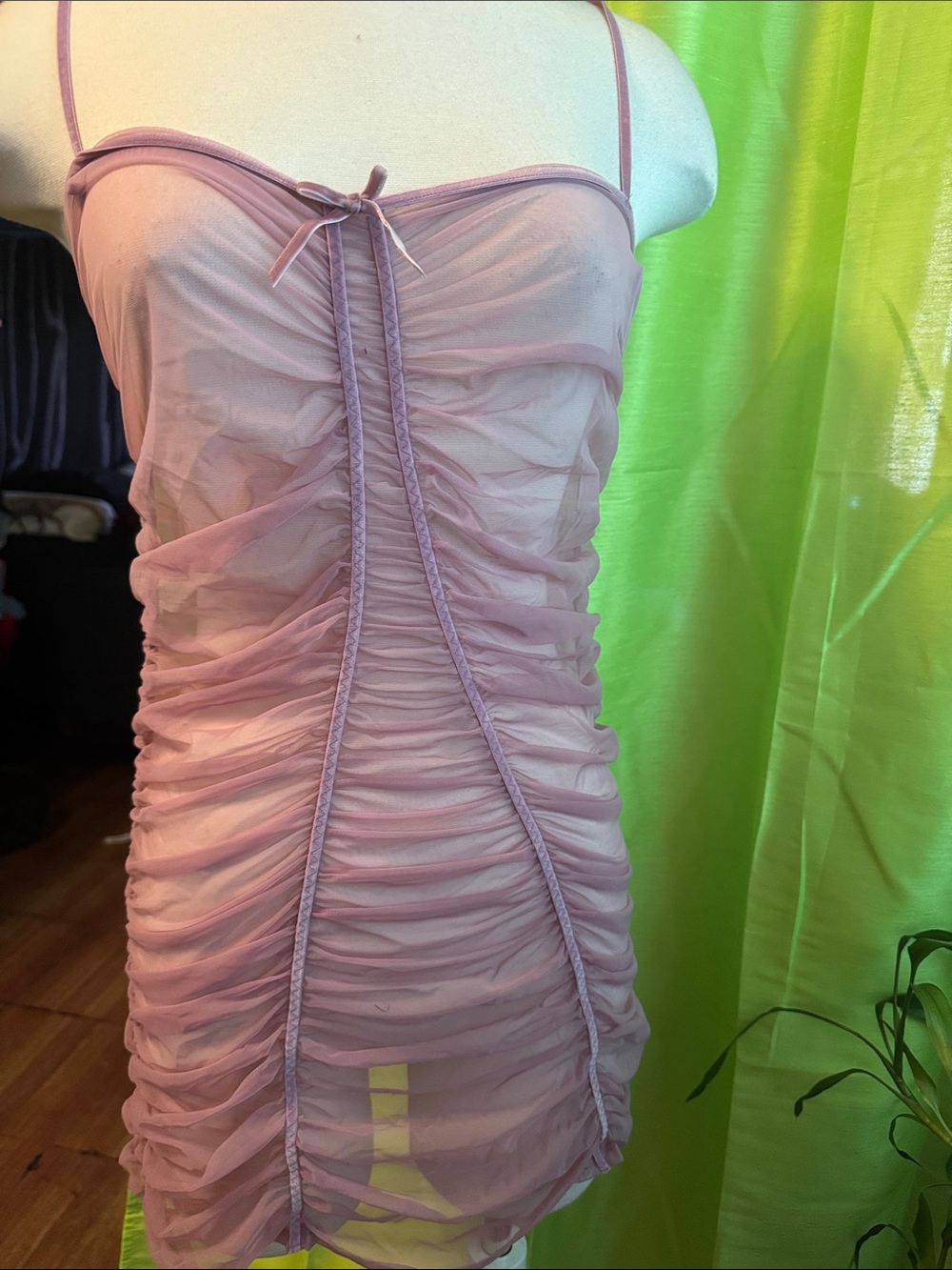 Ruched Pink Slip Dress with Spaghetti Straps